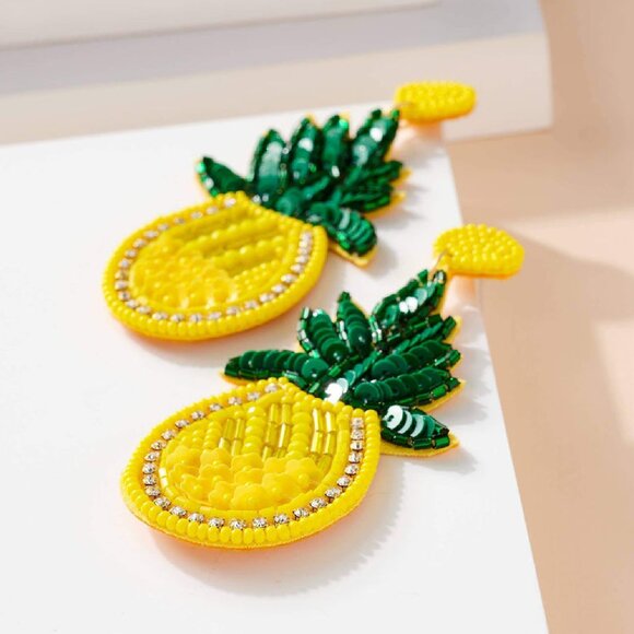 Rhinestone Sequin Seed Beaded Tropical Resort Summer Fruit Statement Earrings - Picture 2 of 3